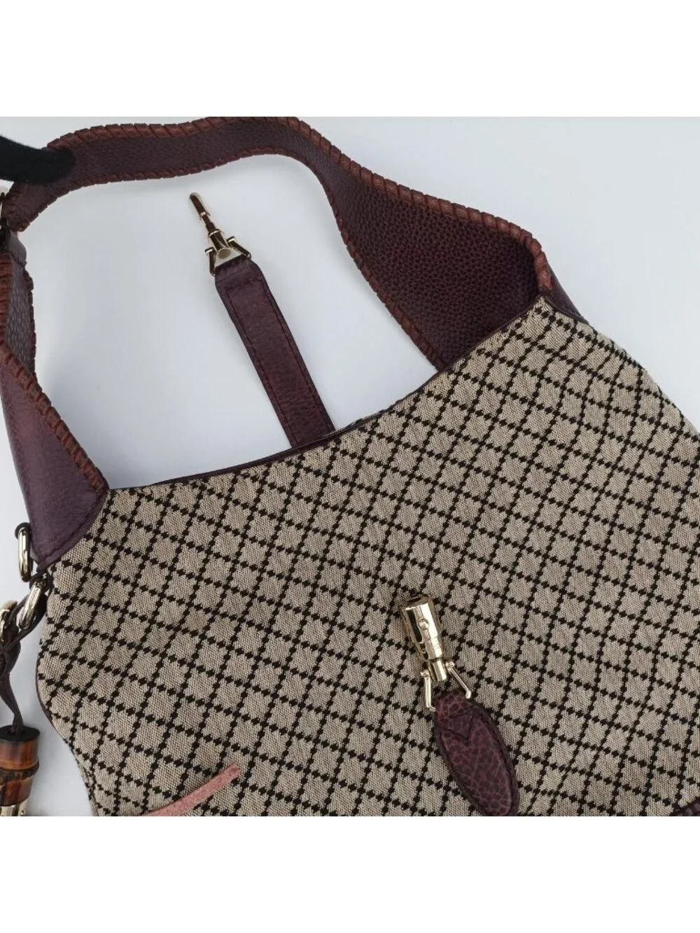 Gucci New Jackie Beige Bordeaux Canvas Leather Shoulder